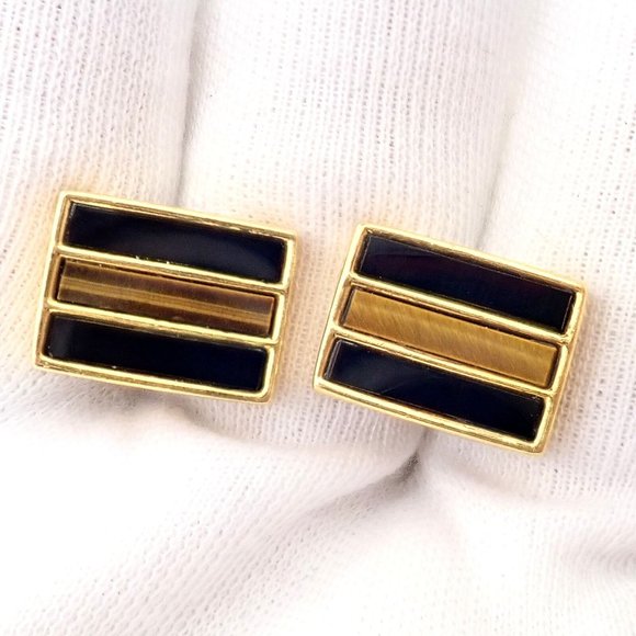 Rare Vintage Tiffany & Co. 18k Yellow Gold Classic Onyx Tiger Eye Cufflinks - Picture 6 of 12